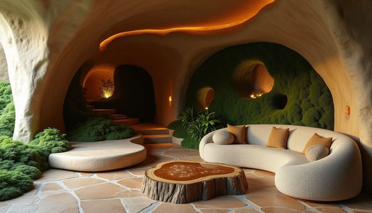 Tactile Subterranean Sanctuary living room with organic stone, moss walls & wool sofa.