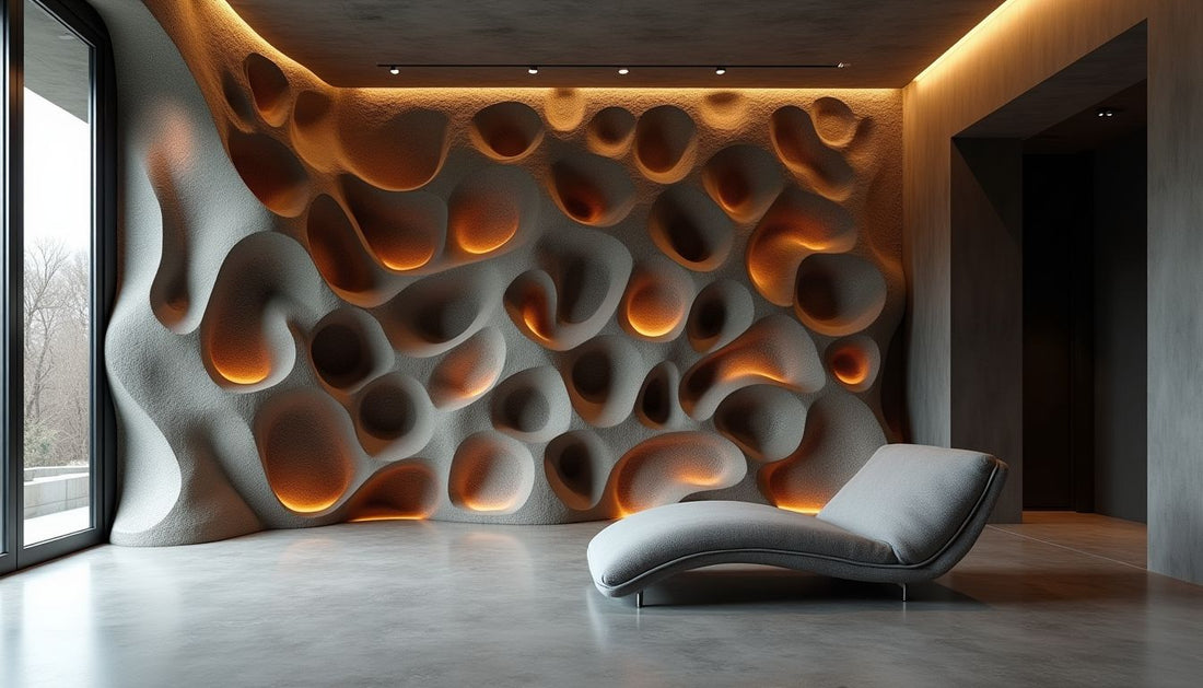 Unique modern interior: dramatic sculptural wall of driftwood & river stones, sleek lounge, concrete.