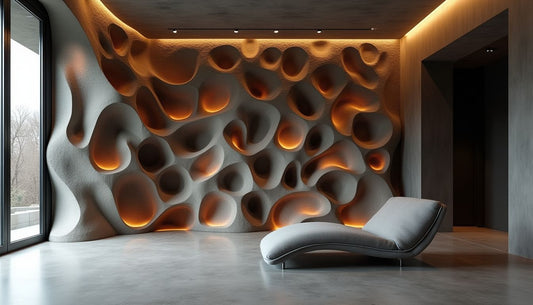 Unique modern interior: dramatic sculptural wall of driftwood & river stones, sleek lounge, concrete.