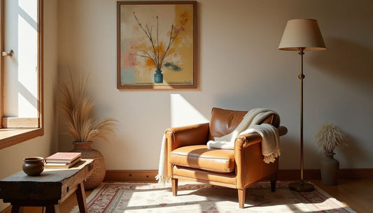 Imperfect bohemian living space: worn leather, vintage rug, live-edge wood, natural light.