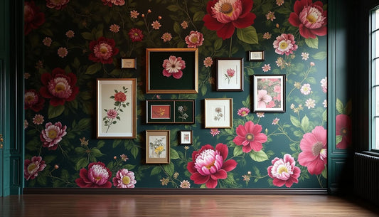 Luxurious layered floral wall decor with maximalist botanical wallpaper, Chinoiserie, art & tapestry.