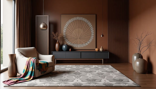 Maximalist living room: patterned furniture, textiles, decor, copper Venetian plaster walls.