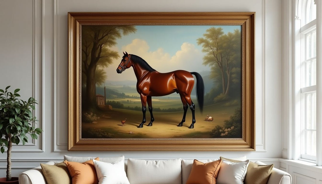 Large framed oil painting featuring a classic equestrian scene, luxury wall art, home decor, interior design.