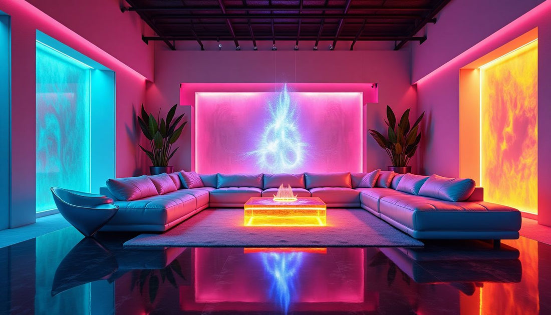 Vibrant, maximalist, futuristic loft living room with electric colors and dynamic lighting.