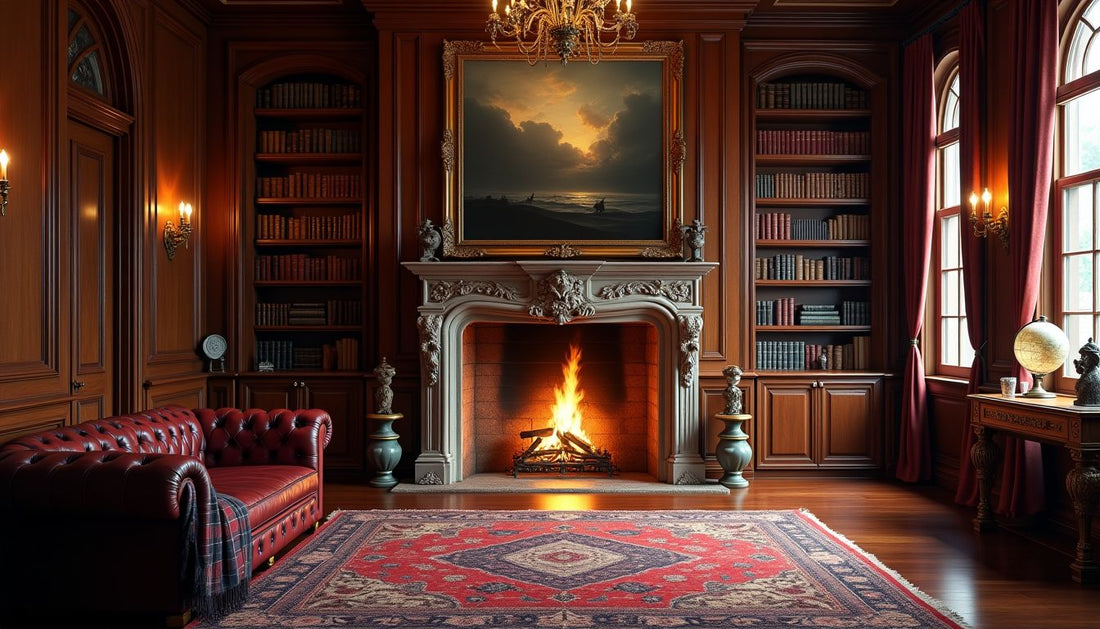 Grand, luxurious library interior with ornate fireplace, Chesterfield sofa, and antique books.