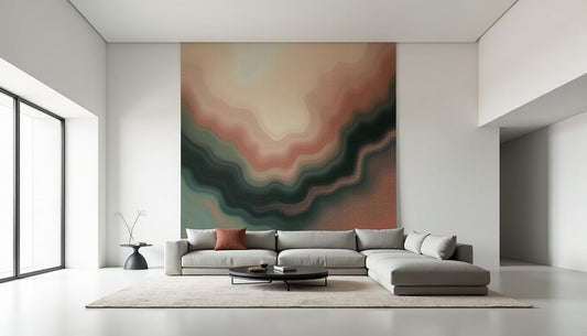 Artisanal 3D woven abstract tapestry, muted colors, transforming stark minimalist living room.
