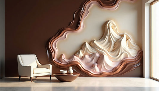Minimalist living room with edible sculptural wall art: chocolate, meringue, gold leaf.