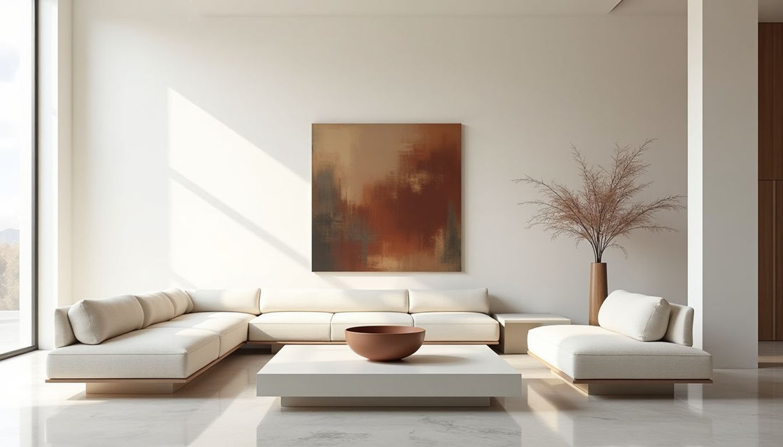 Architectural minimalist living room, cool-toned, yearning for warmth, subtle brown accents.