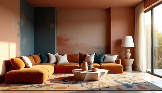 Lavish living room: abstract mural, velvet sofa, travertine table, warm curated decor.