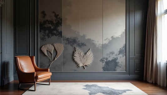 Artistic private study: layered botanical, geometric, Art Deco wall. Cognac leather armchair.