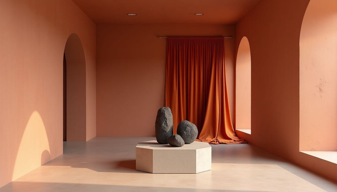 Sophisticated terracotta Tadelakt interior, concrete plinth, volcanic rocks, orange fabric art.