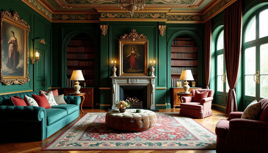 Maximalist opulent study: emerald damask walls, layered antique rugs, patterned textiles.
