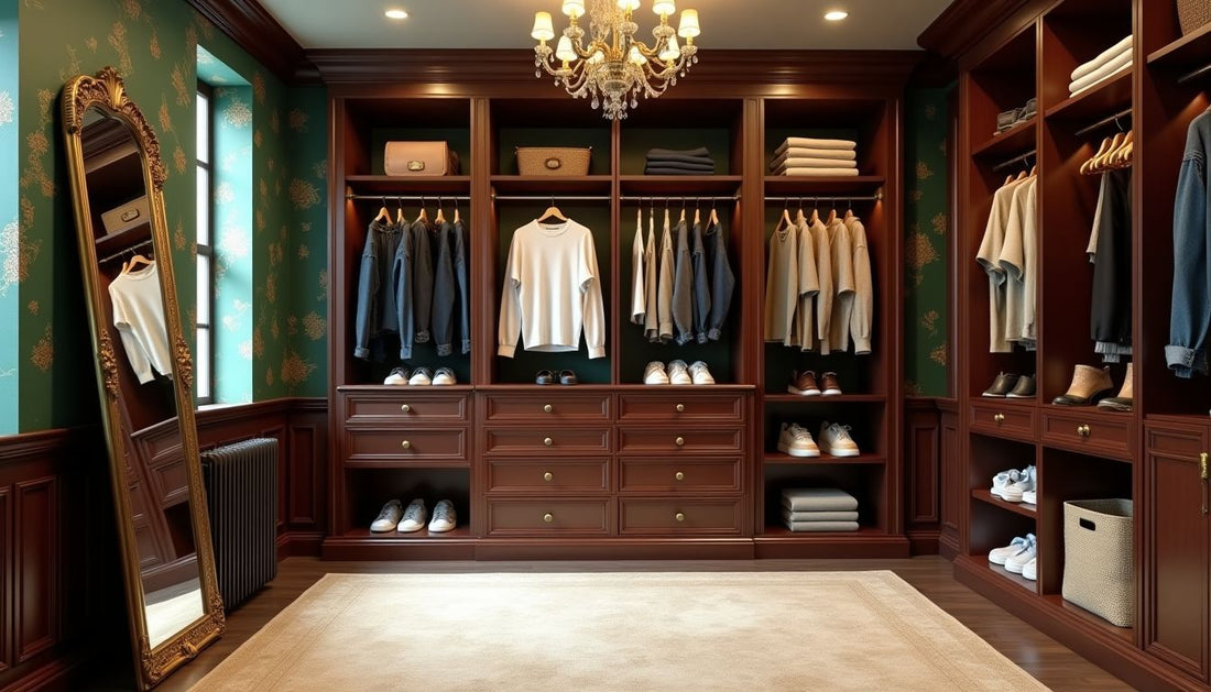 Luxurious green dressing room: gold chinoiserie, dark wood, organized everyday essentials.