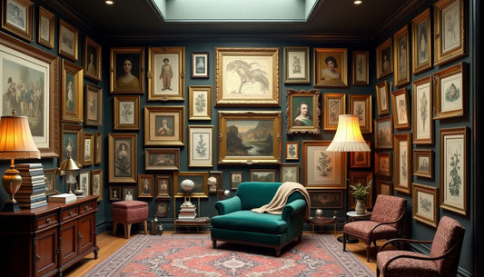 "Grand Gallery Hoard" maximalist interior. Floor-to-ceiling art, diverse ornate frames, velvet chair.
