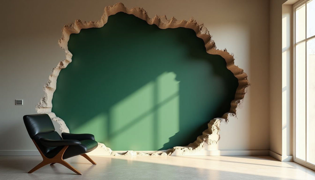 Avant-garde greige interior, wall peeled back to reveal textured forest green Venetian plaster.