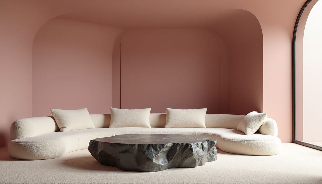 Avant-garde living space: curved pink plaster, raw volcanic rock table, creamy shearling sofa.