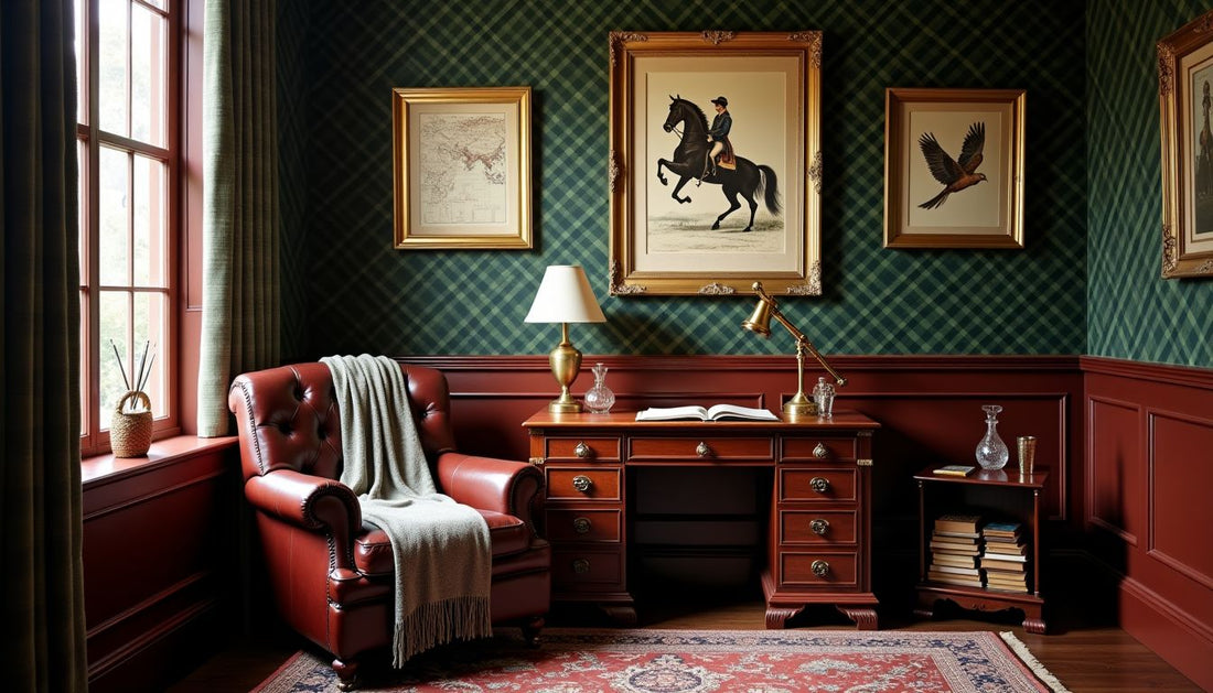 Luxurious vintage study: leather club chair, mahogany desk, tartan walls, brass accents.