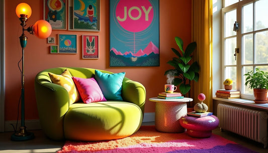 Vibrant dopamine decor reading nook with green velvet armchair, colorful pillows, and "JOY" neon sign.