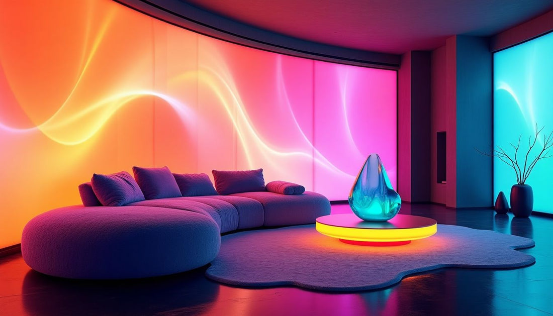 Vibrant modern living room with abstract LED wall, iridescent sofa, and glowing amber table.