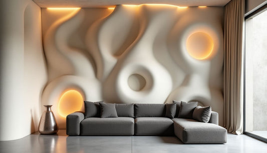 Luxurious living room with sculpted cream faux fur wall, charcoal sofa, and abstract art.