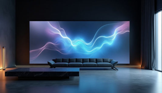 Ultra-futuristic lounge: layered LED wall simulating data flux, minimalist decor, serene high-tech.