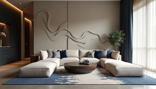 Modern lounge: sculptural wave wall, abstract rug, linen sofa, layered patterns, cool tones.