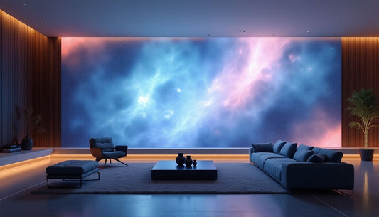 Futuristic living room with AI Wall generating ethereal, volumetric light sculpture.