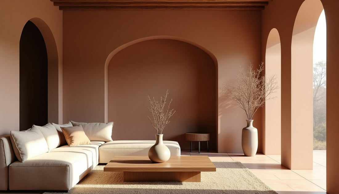 Sun-drenched Tuscan Revival living room. Clay Venetian plaster wall, linen sofa, terracotta floor.