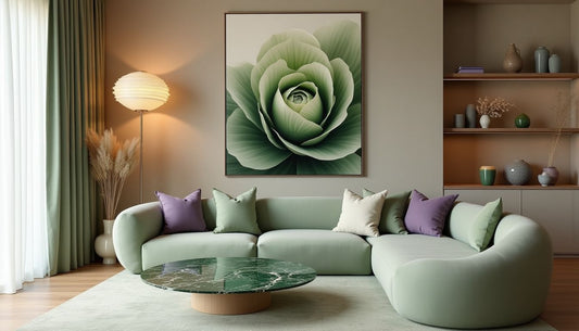 Cabbagecore luxury interior: sage bouclé sofa, marble coffee table, green earthy elegance.