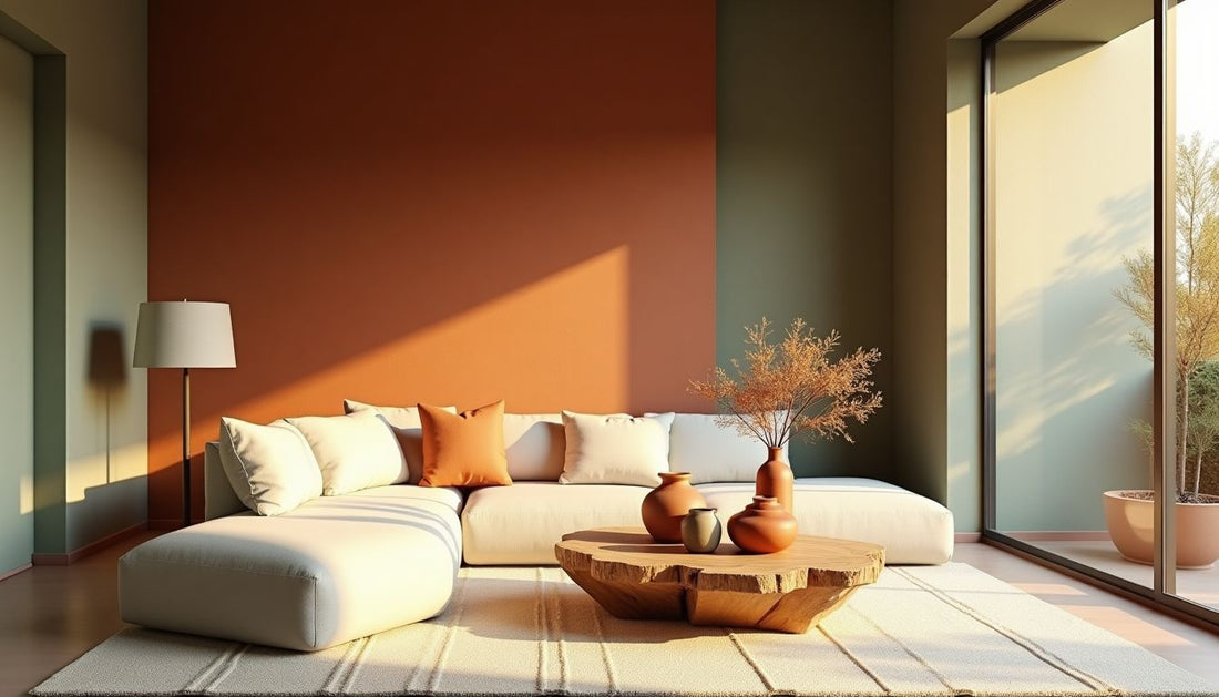 Sophisticated terracotta living room with linen sofa, oak table, golden hour sun.