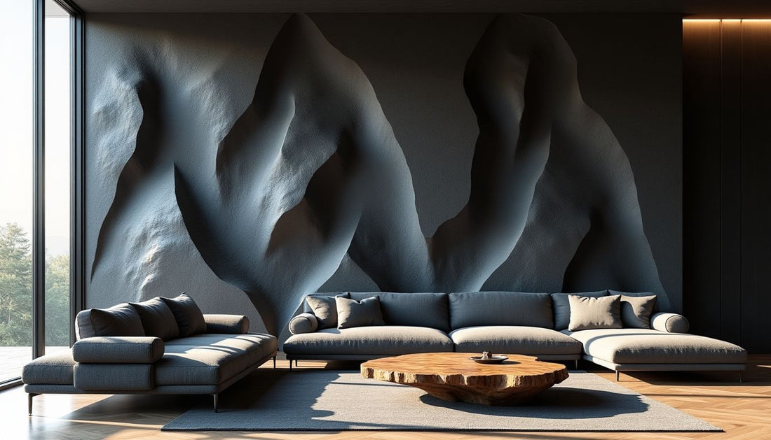 Architectural basalt rock wall dominates luxury minimalist living room with sofa & wood table.