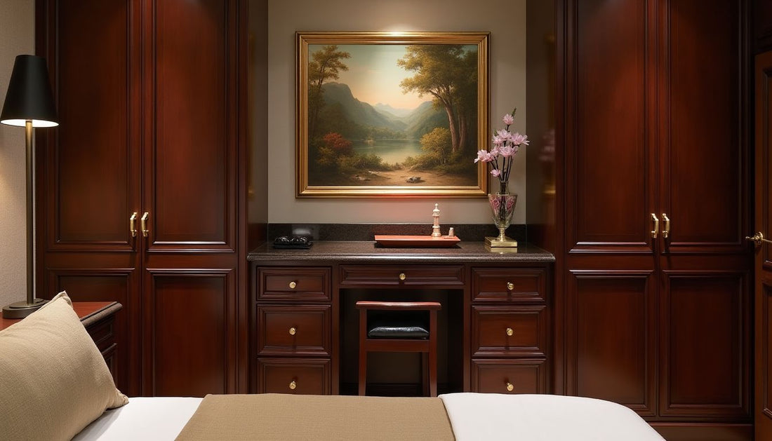 Luxurious bedroom dressing area, dark wood cabinetry, brass hardware, leather valet stand, classical landscape wall art. Interior design.