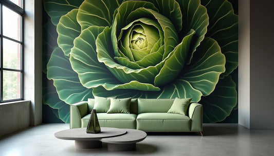 Photorealistic, avant-garde modern loft living room, unique green cabbage leaf wallpaper.