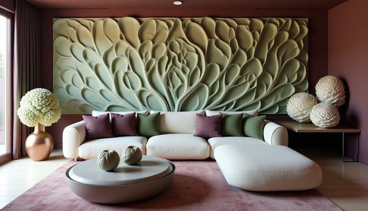 Sophisticated living room with cabbage bas-relief wall art, sage & purple biophilic decor.