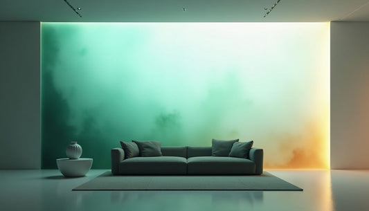 Contemporary minimalist living room: white wall with melting teal-green-umber gradient light projection.