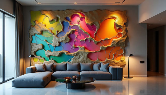Dopamine decor: Vibrant, multi-textured 3D art transforming a modern luxury living room.