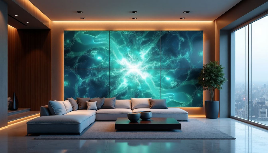 Ultra-modern minimalist living room with huge luminous AI abstract digital art wall and sleek furniture.