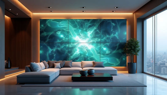 Ultra-modern minimalist living room with huge luminous AI abstract digital art wall and sleek furniture.
