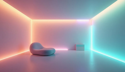 Radical minimalist futuristic living space with liquid light color shifts & organic lounge chair.