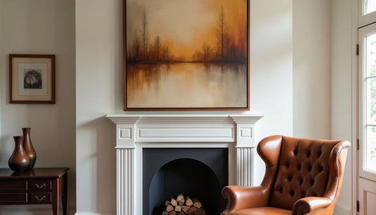 Framed abstract wall art, earthy tones, above fireplace. Tufted leather armchair, dark wood table. Home decor.