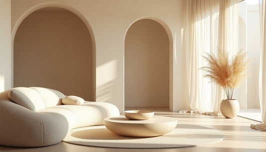 Serene, luxurious living room with curved walls, cloud-like bouclé sofa, natural light & textures.