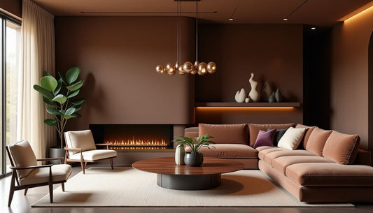 Luxurious living room with bitter chocolate walls, truffle velvet sofa, marble fireplace, and elegant decor.